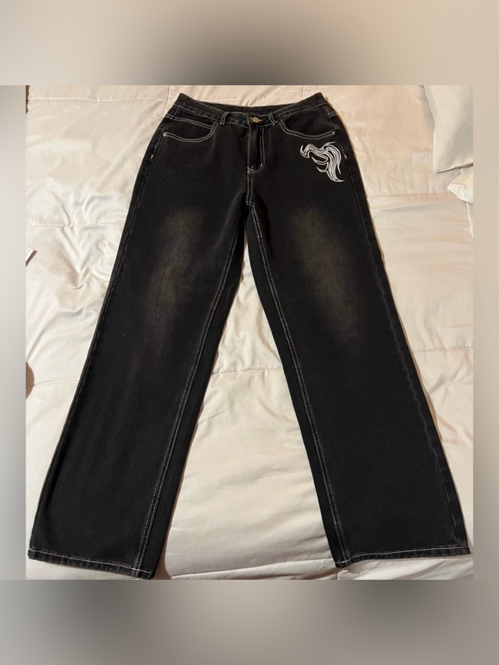 Womens Wide Leg Jeans Stitch Embroidered High Rise Baggy 28 Kpop streetwear army - Picture 2 of 15